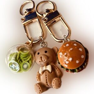 Set of TWO Teddy Bear Fruit Slice & Miniature Burger Fashion Keyring Keychains